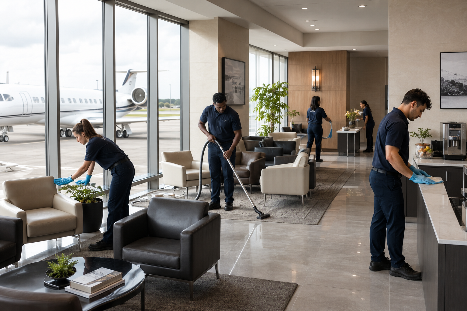 Upscale FBO lounge interior with polished floors and clean reception