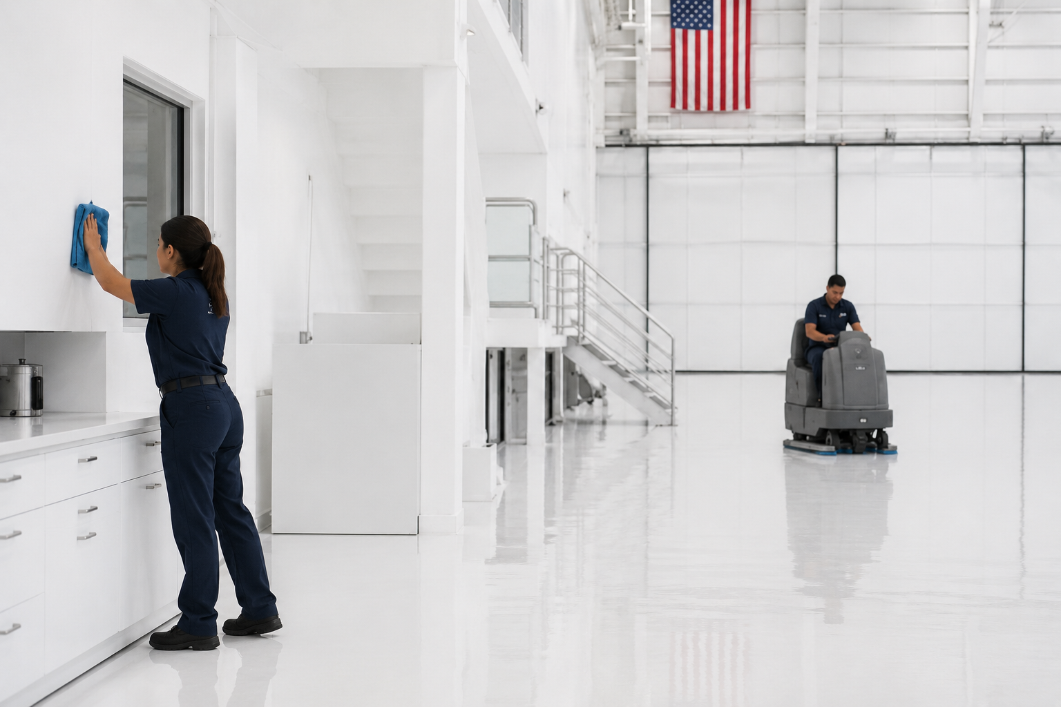 Divinity team cleaning a spotless private aviation hangar with polished floors